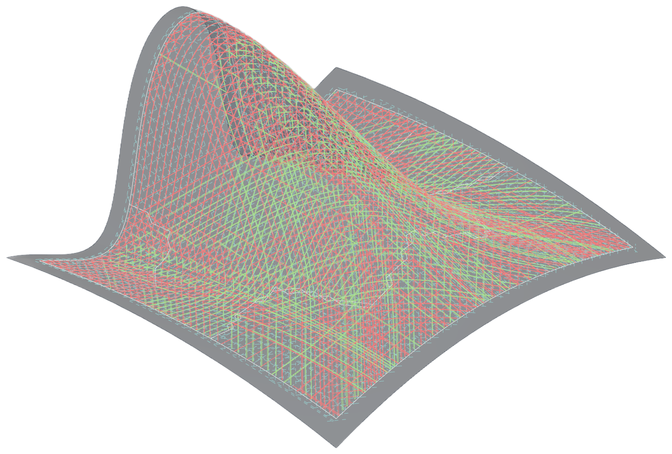Strat-OS composite toolpath planning interface showing paths across a formed surface.